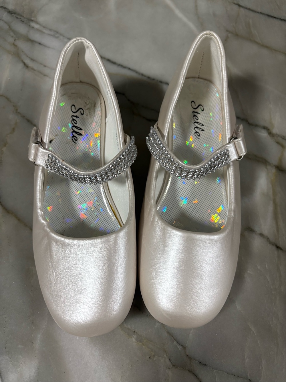 Girls' Pearl-White Mary Jane Dress Shoes with Rhinestone Strap